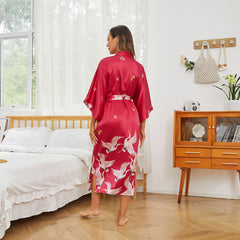 Crane Print Long Silk Kimono Robe-Robeslife