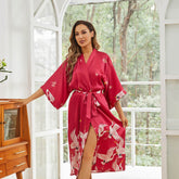 Crane Print Long Silk Kimono Robe-Robeslife