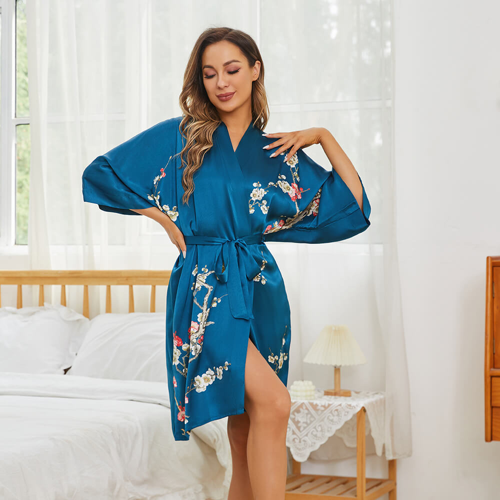Cherry Blossom Print Short Silk Kimono Robe-Robeslife
