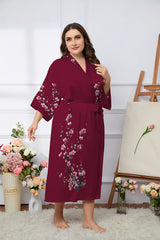 Women's Flower Printed Plus Size Satin Silk Kimono Robe