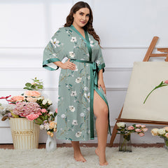 Women's Flower Printed Plus Size Satin Silk Kimono Robe