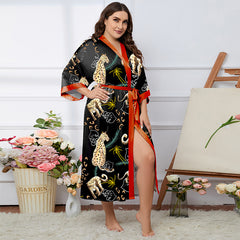 Women's Flower Printed Plus Size Satin Silk Kimono Robe