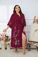 Women's Flower Printed Plus Size Satin Silk Kimono Robe