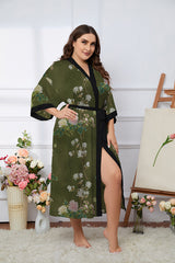 Women's Flower Printed Plus Size Satin Silk Kimono Robe
