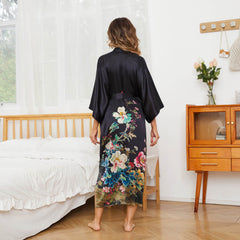 Flower Print Long Silk Kimono Robe-Robeslife