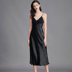 Women's Stain Silk Nightgown Spaghetti Strap Long V-Neck Satin Slip Dress