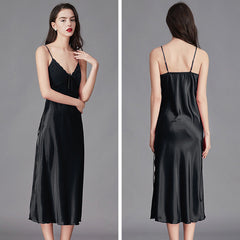 Women's Stain Silk Nightgown Spaghetti Strap Long V-Neck Satin Slip Dress