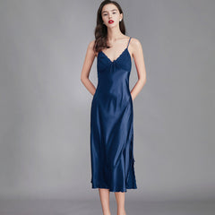 Women's Stain Silk Nightgown Spaghetti Strap Long V-Neck Satin Slip Dress