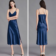 Women's Stain Silk Nightgown Spaghetti Strap Long V-Neck Satin Slip Dress