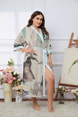 Women's Printed Plus Size Satin Silk Kimono Robe