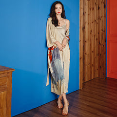 Flower Printed Satin Women Silk Kimono Robes