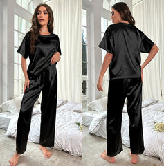 Women's Silk Satin Pajama Set Short Sleeve Top and Long Pants