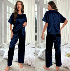 Women's Silk Satin Pajama Set Short Sleeve Top and Long Pants