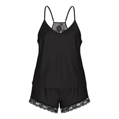 Women's Pajama Set Silk Satin Camisole and Shorts with Lace Trim
